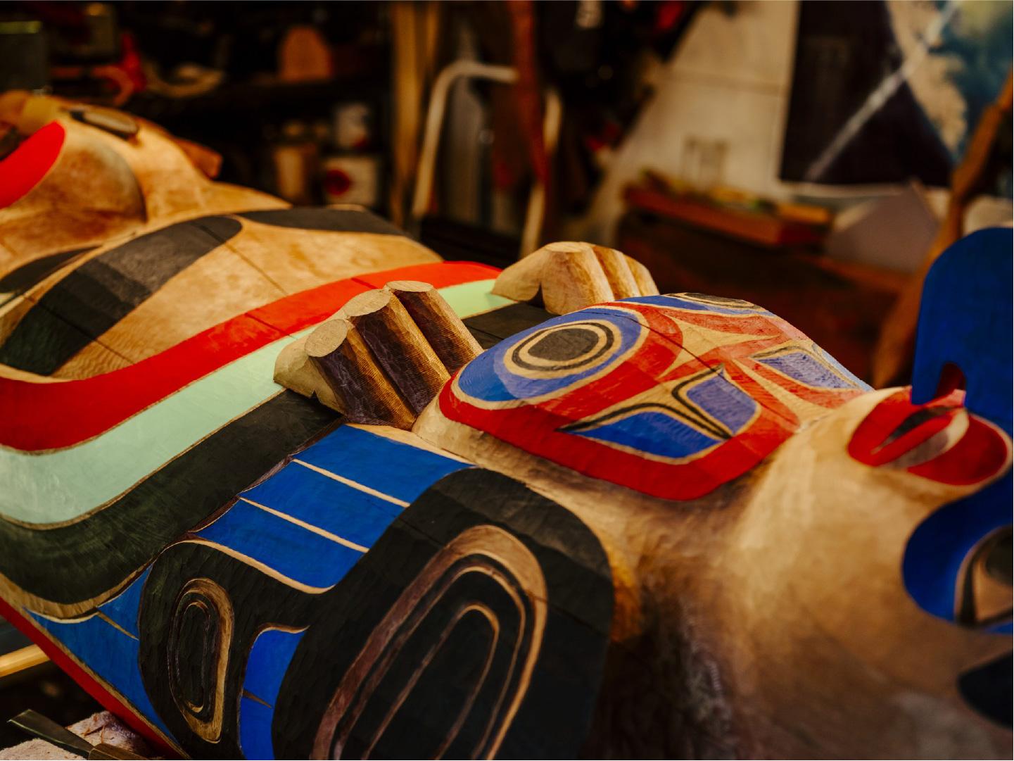 A totem pole lying on its side