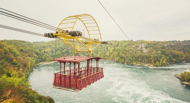The historic Whirlpool Aero Car travelling over the waters of the Niagara river