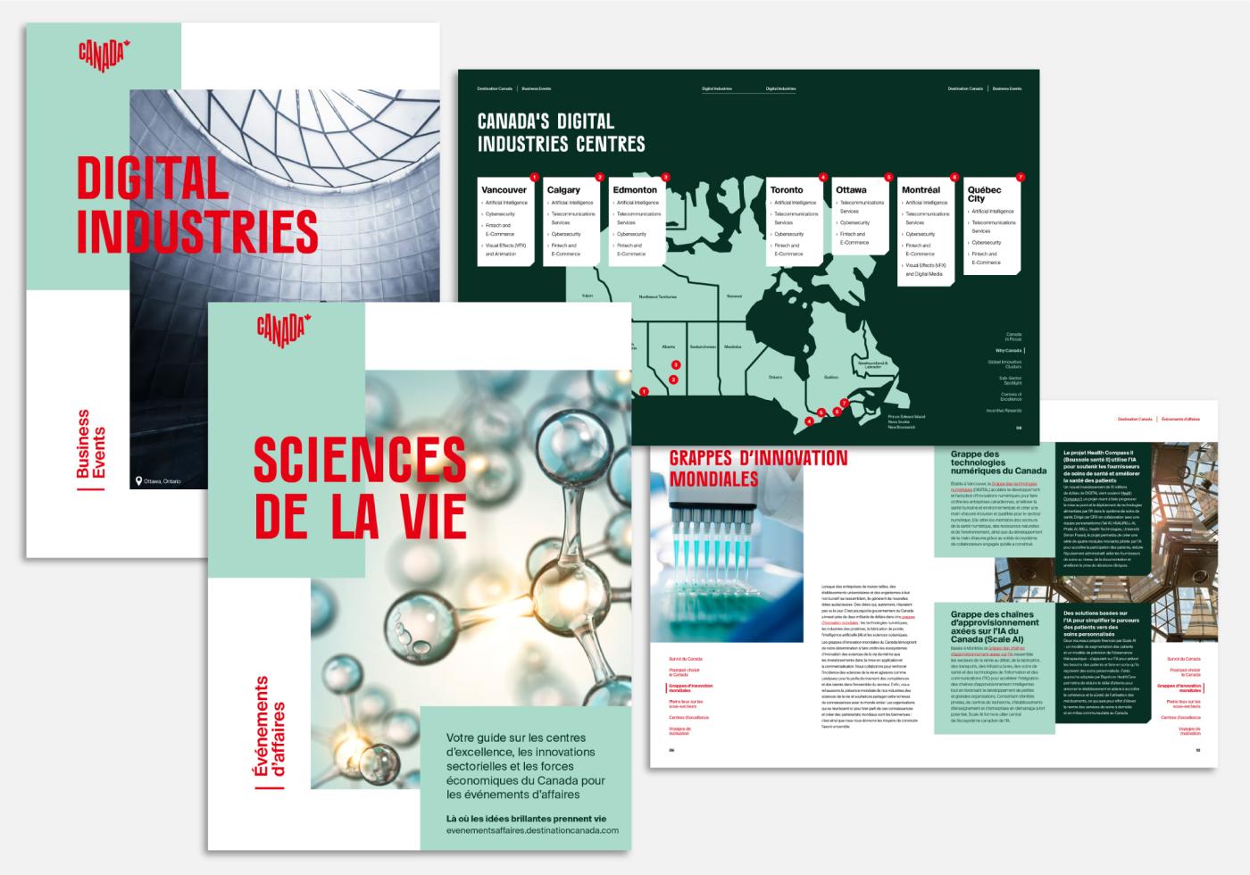 A cover and inside page spread of the Digital Industries and Sciences de la vie brochures