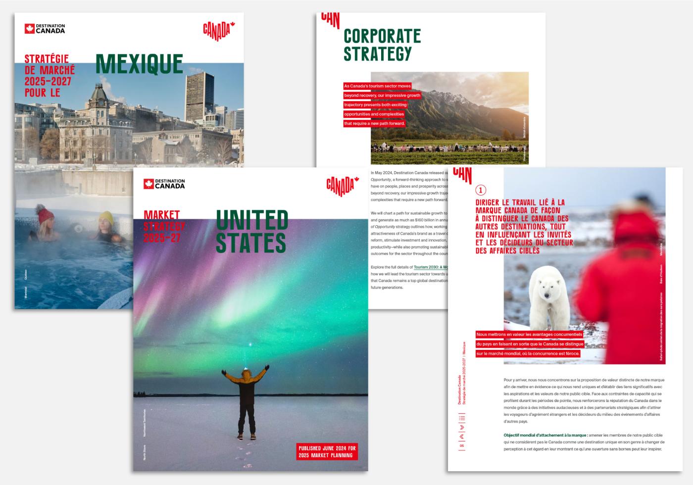 Covers and inside page spreads of market and corporate strategy reports